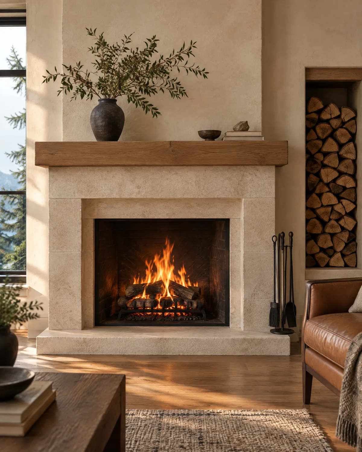 Warm stone fireplace with a glowing wood fire, oak mantel and neatly stored firewood